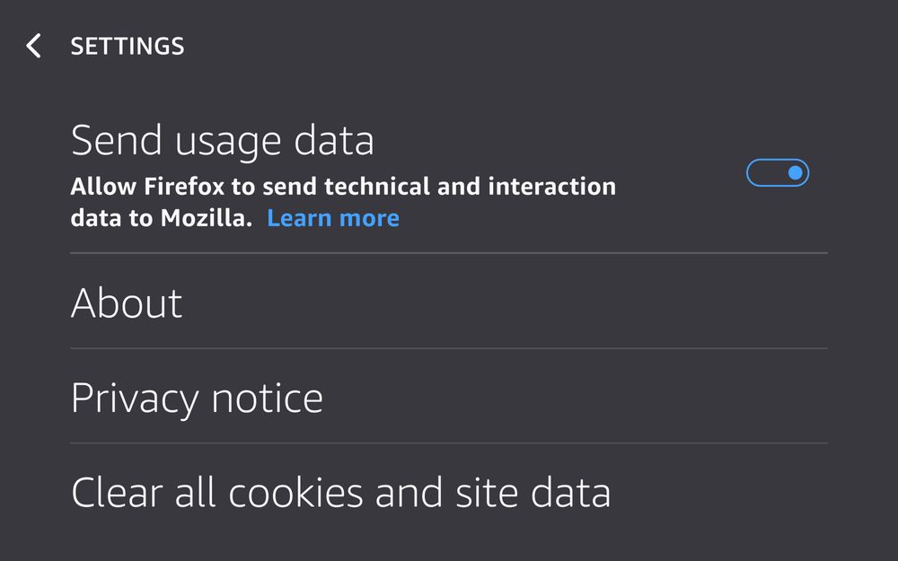 Settings screen with send usage data toggle enabled