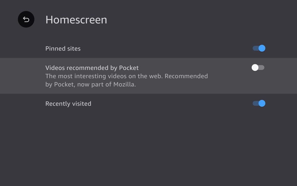 Settings screen with Pocket recommendation toggle disabled